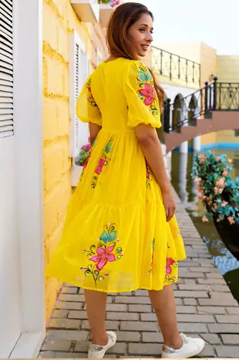 Yellow rayon kota checks digital print kurti