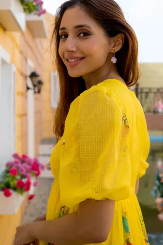 Yellow rayon kota checks digital print kurti