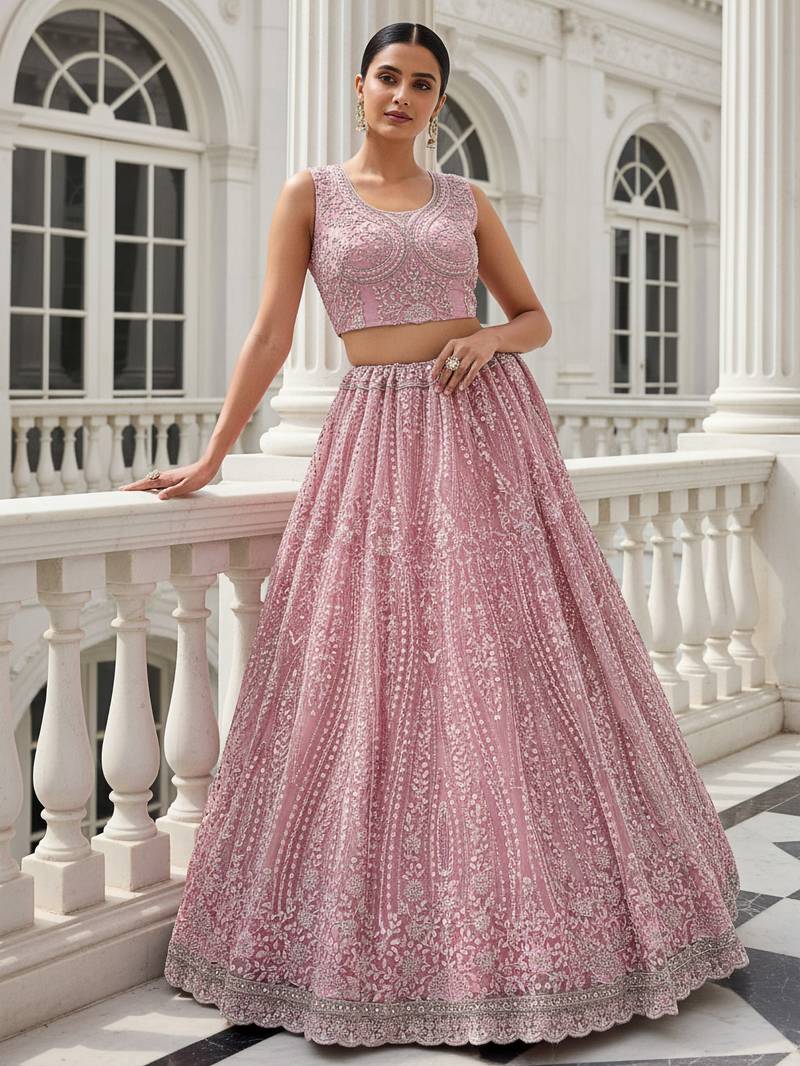 Adorable Peach Heavy Embroidered Net Reception Wear Lehenga Choli
