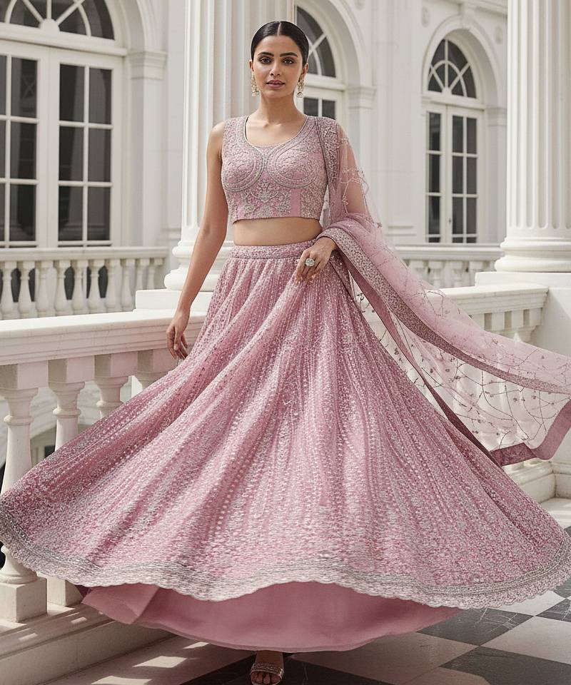Adorable Peach Heavy Embroidered Net Reception Wear Lehenga Choli