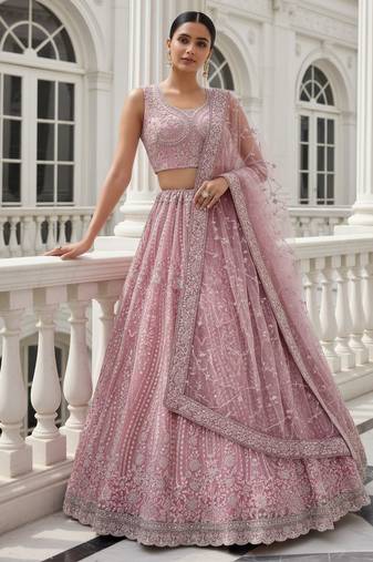 Adorable Peach Heavy Embroidered Net Reception Wear Lehenga Choli