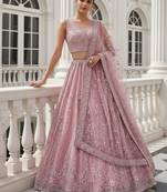 Adorable Peach Heavy Embroidered Net Reception Wear Lehenga Choli