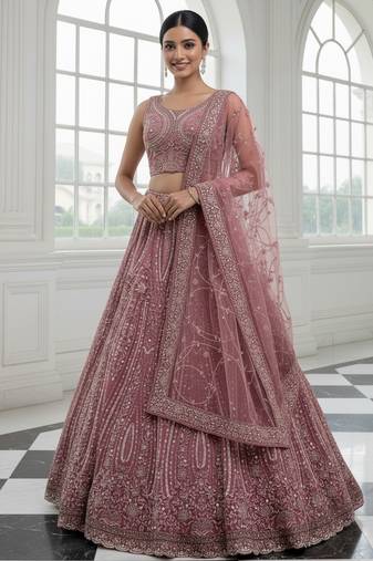 Charming Pink Diamond Work Net Party Wear Lehenga Choli
