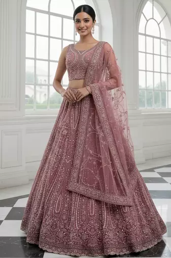Charming Pink Diamond Work Net Party Wear Lehenga Choli