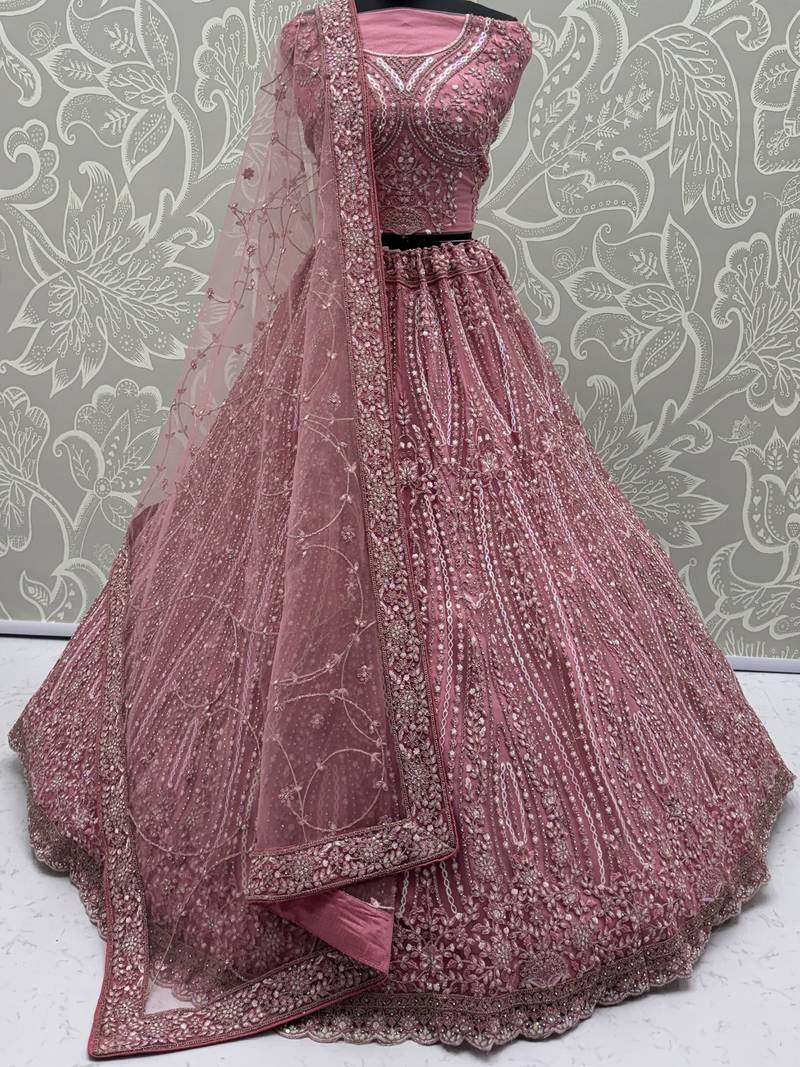 Charming Pink Diamond Work Net Party Wear Lehenga Choli