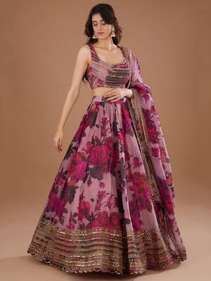 pink floral digital print organza lehenga set 1