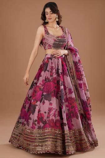 pink floral digital print organza lehenga set