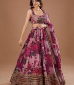 pink floral digital print organza lehenga set