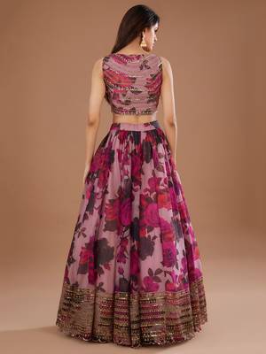 pink floral digital print organza lehenga set 2