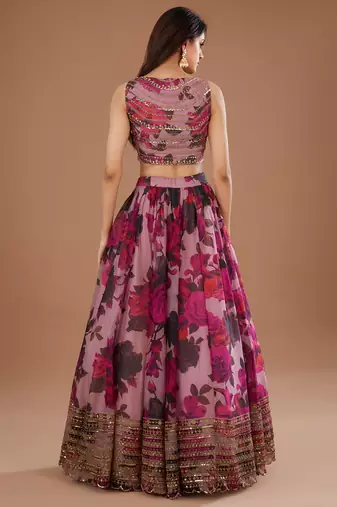 pink floral digital print organza lehenga set