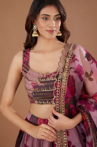 pink floral digital print organza lehenga set