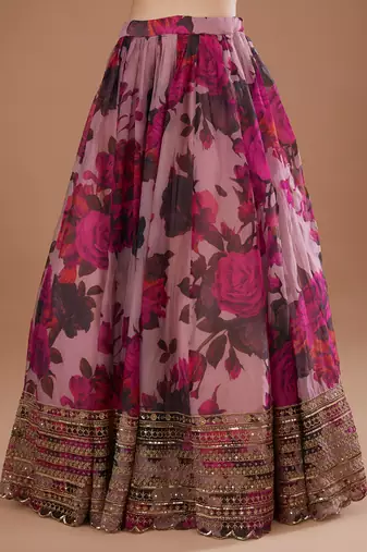 pink floral digital print organza lehenga set
