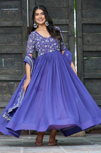 Attractive Blue Sequins Georgette Festive Wear Gown With Dupatta