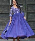 Attractive Blue Sequins Georgette Festive Wear Gown With Dupatta