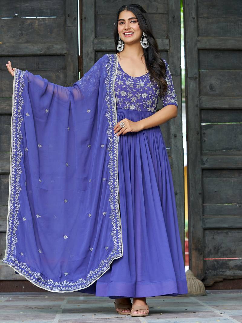 Attractive Blue Sequins Georgette Festive Wear Gown With Dupatta