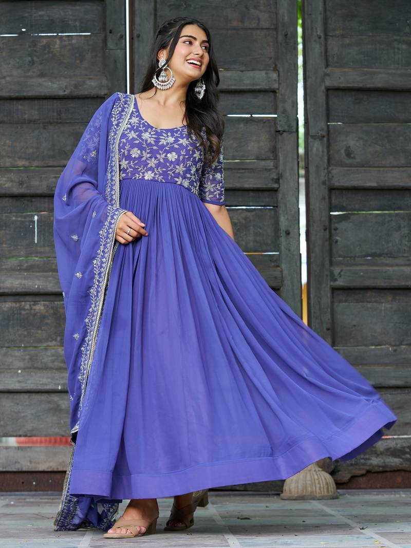 Attractive Blue Sequins Georgette Festive Wear Gown With Dupatta