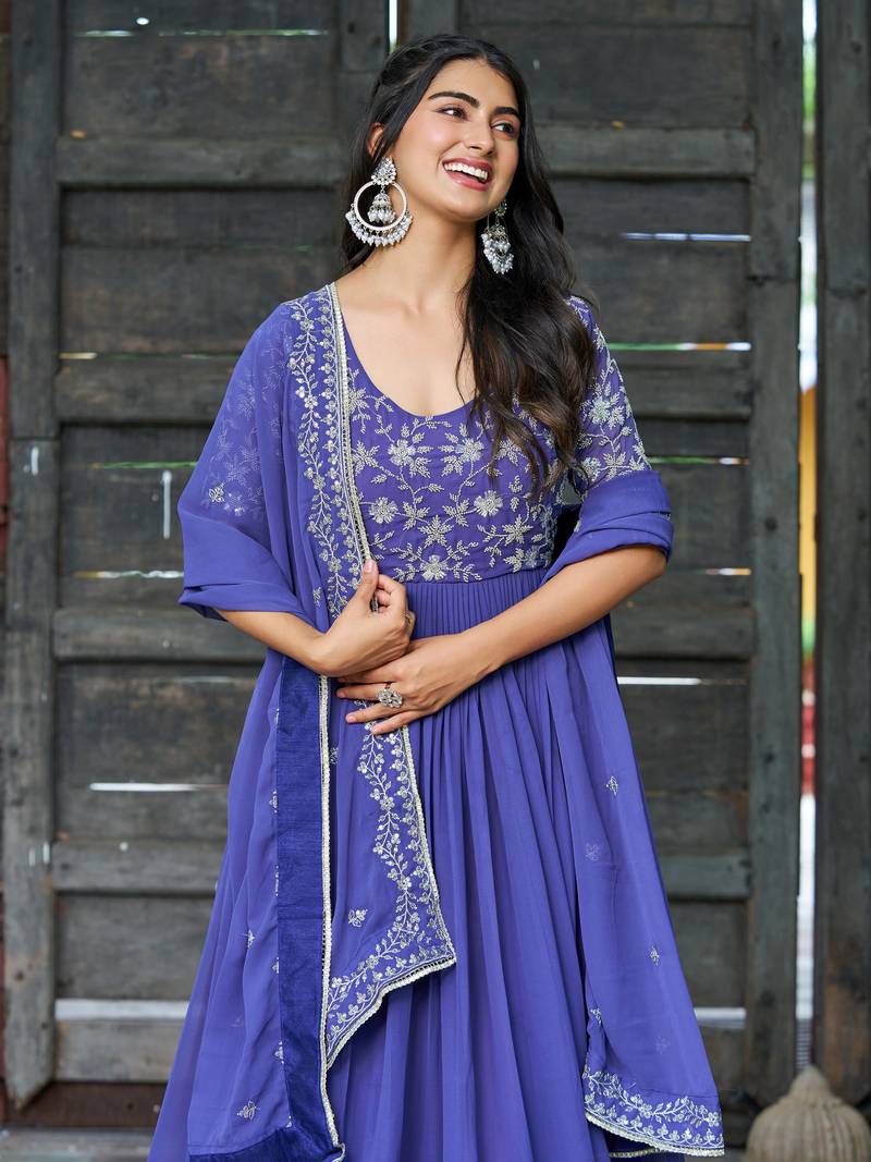Attractive Blue Sequins Georgette Festive Wear Gown With Dupatta