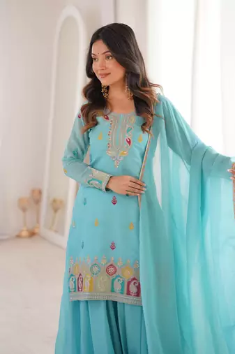 Ethnic grace embroidered kurta set with flowy sharara