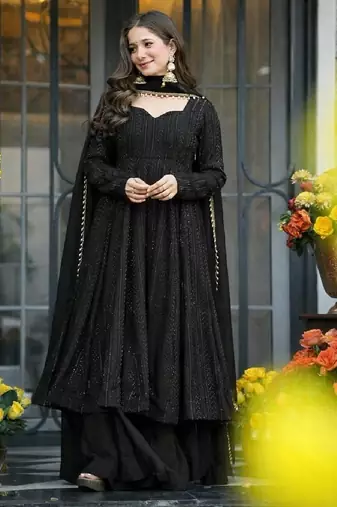 Black fuax blooming party wear embroidery  suit set