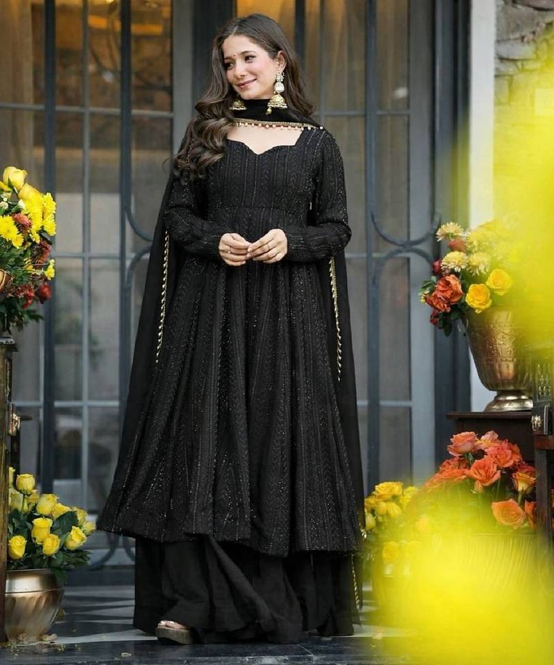 Black fuax blooming party wear embroidery  suit set