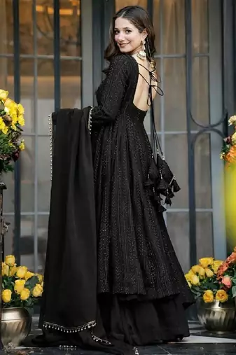 Black fuax blooming party wear embroidery  suit set