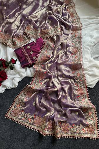 Purple Color Embroidered Satin Silk Saree Collection