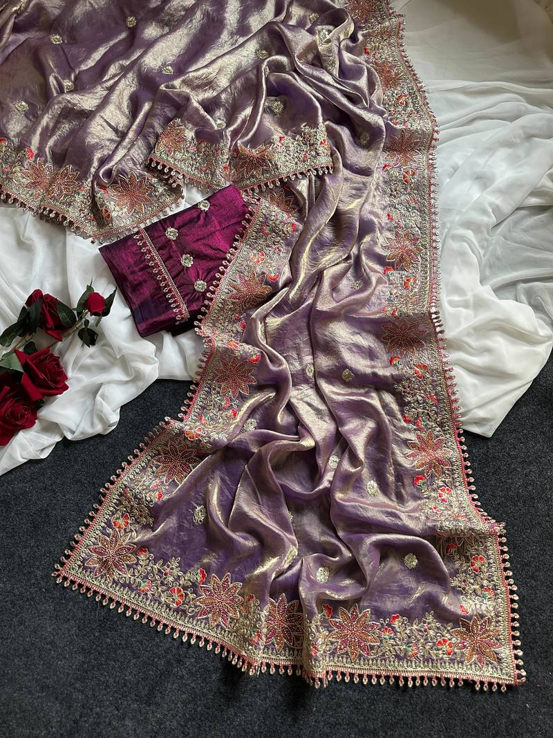Purple Color Embroidered Satin Silk Saree Collection