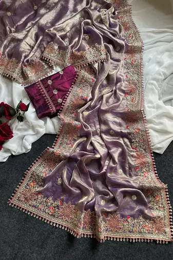 Purple Color Embroidered Satin Silk Saree Collection