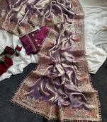 Purple Color Embroidered Satin Silk Saree Collection