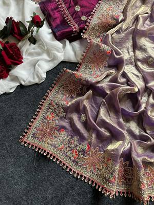 Purple Color Embroidered Satin Silk Saree Collection 2