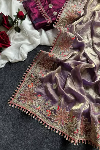 Purple Color Embroidered Satin Silk Saree Collection