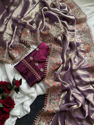 Purple Color Embroidered Satin Silk Saree Collection 3