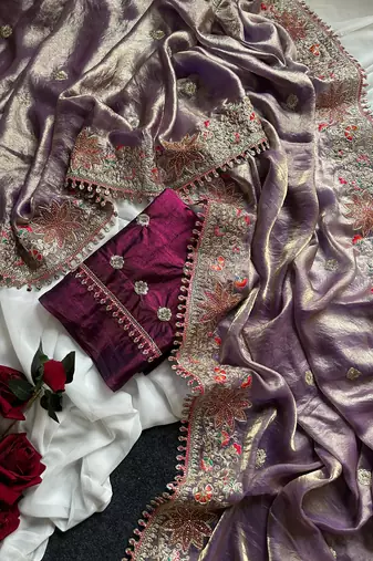 Purple Color Embroidered Satin Silk Saree Collection