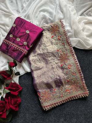 Purple Color Embroidered Satin Silk Saree Collection 5