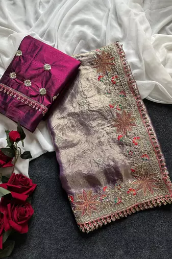 Purple Color Embroidered Satin Silk Saree Collection