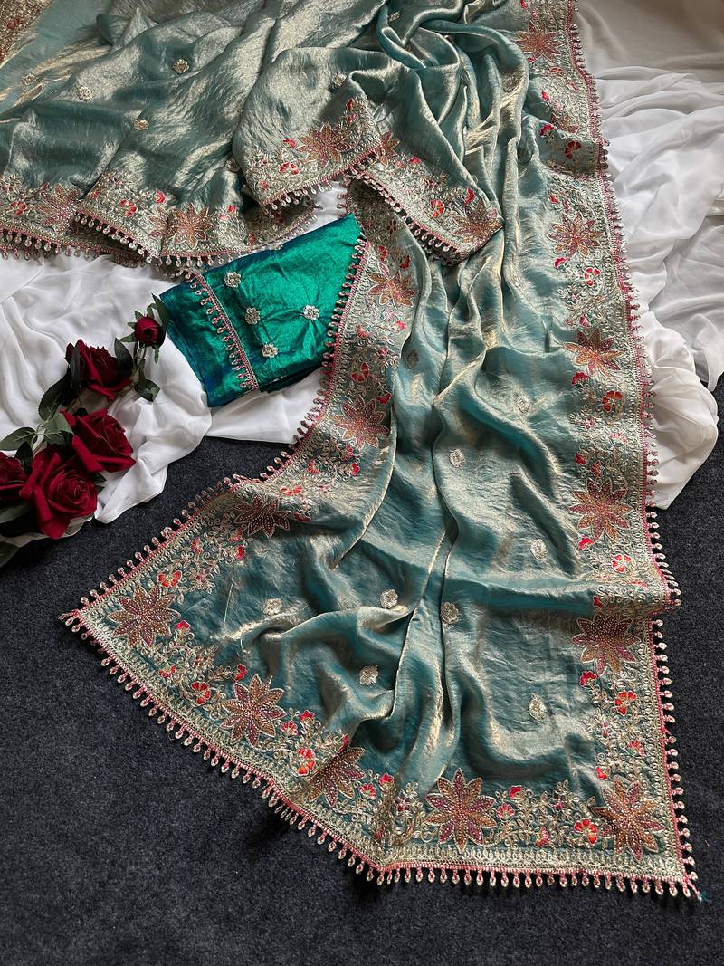 Green Color Embroidered Satin Silk Saree Collection