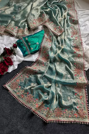 Green Color Embroidered Satin Silk Saree Collection