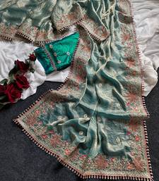 Green Color Embroidered Satin Silk Saree Collection