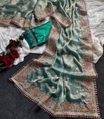 Green Color Embroidered Satin Silk Saree Collection