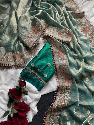 Green Color Embroidered Satin Silk Saree Collection 2