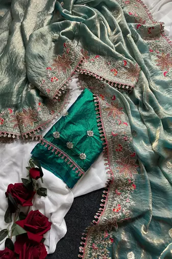 Green Color Embroidered Satin Silk Saree Collection