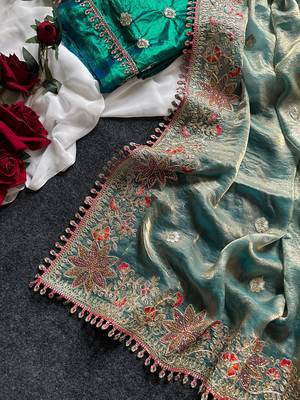 Green Color Embroidered Satin Silk Saree Collection 3