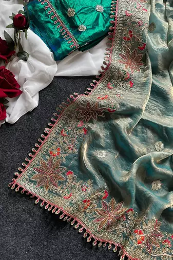 Green Color Embroidered Satin Silk Saree Collection