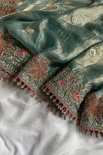 Green Color Embroidered Satin Silk Saree Collection