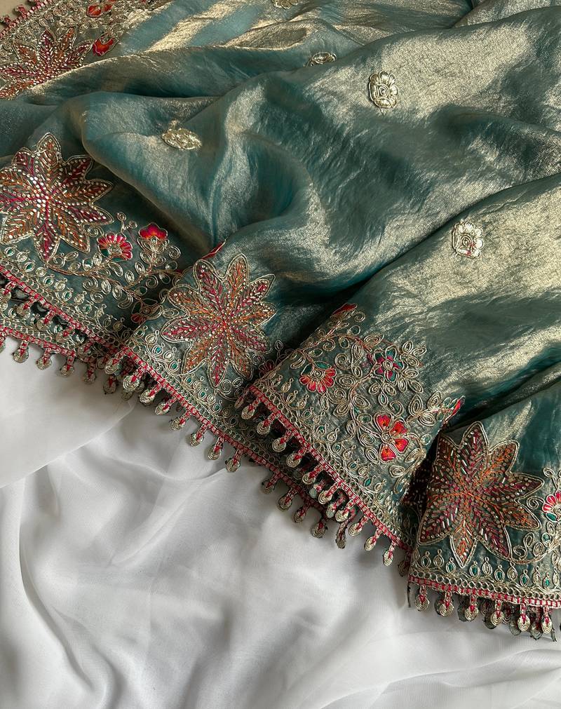 Green Color Embroidered Satin Silk Saree Collection