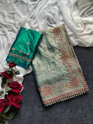 Green Color Embroidered Satin Silk Saree Collection 5