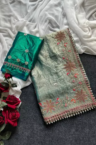 Green Color Embroidered Satin Silk Saree Collection