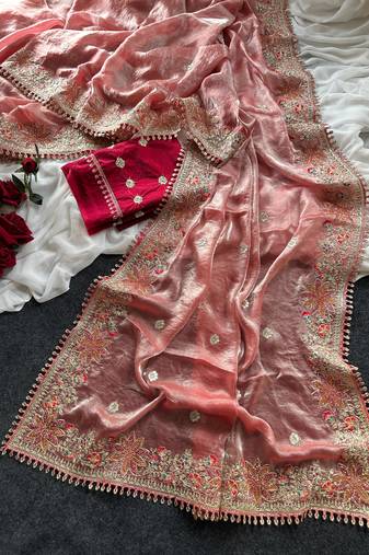 Pink Color Embroidered Satin Silk Saree Collection