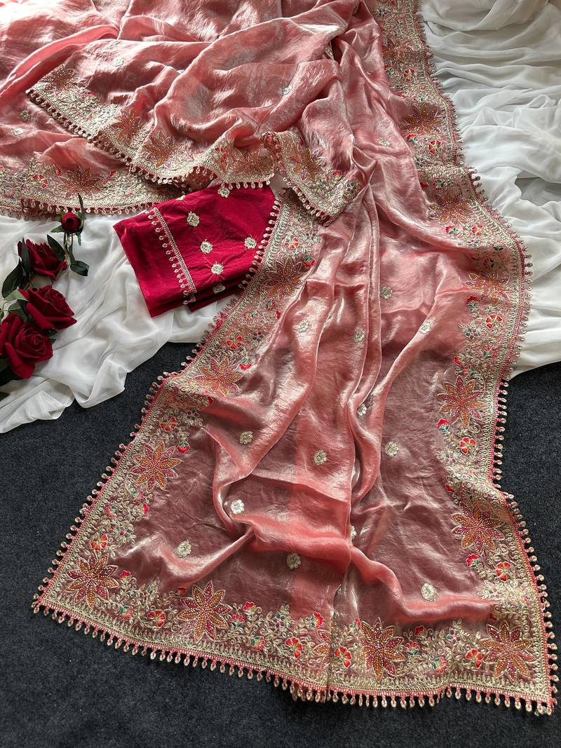 Pink Color Embroidered Satin Silk Saree Collection