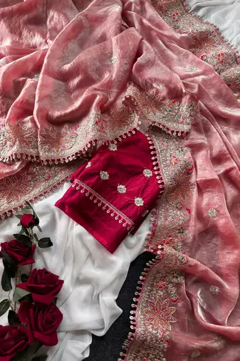 Pink Color Embroidered Satin Silk Saree Collection